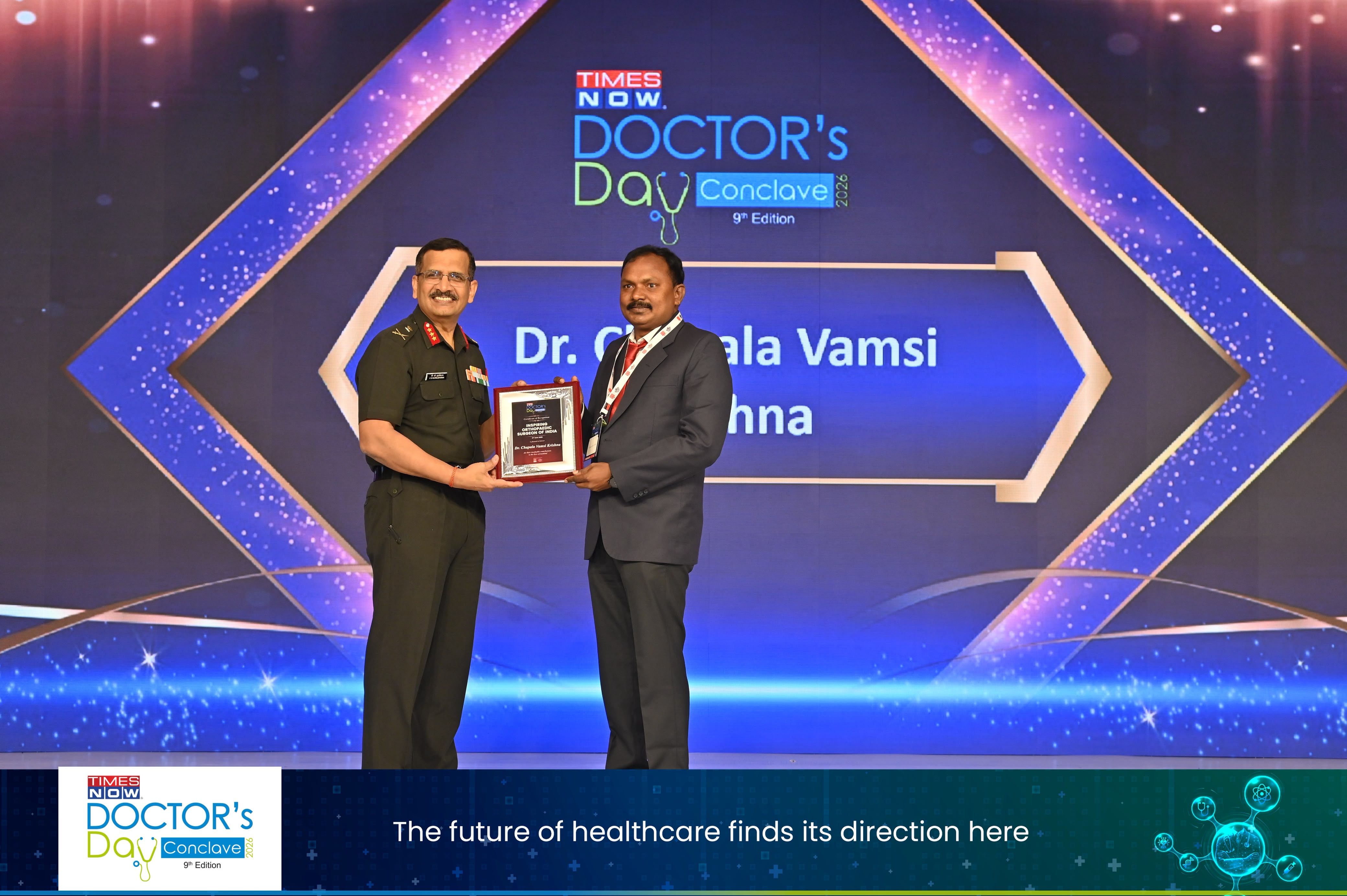 Dr. Chapala Vamsi Krishna receiving Inspiring Orthopaedic Surgeon of India award at Times Now Doctor's Day Conclave 2026, New Delhi